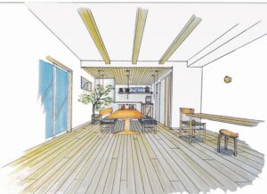 神戸の杉天井のある木の家の完成見学会のイラスト