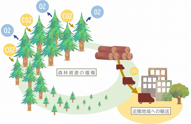 木造住宅を建てるにかかるCO2の排出のイラスト