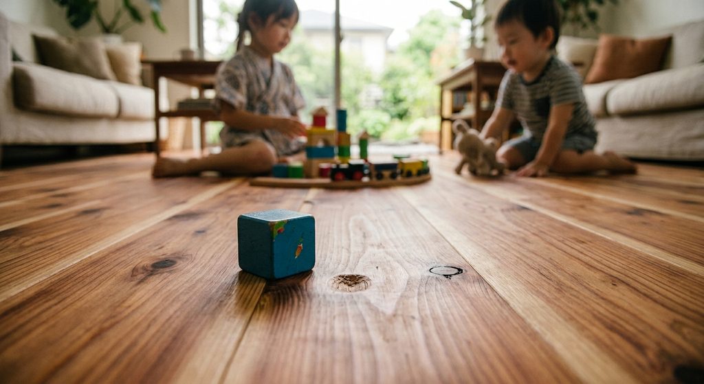 神戸市の注文住宅の無垢の杉の木を使用したフローリング